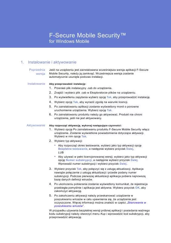 Mode d'emploi F-SECURE MOBILE SECURITY 6 FOR WINDOWS MOBILE
