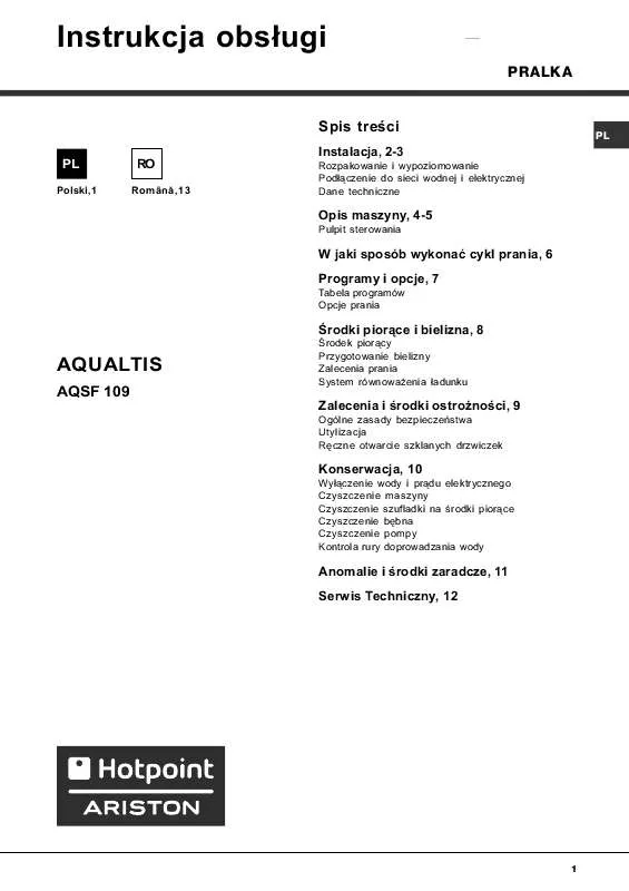 Mode d'emploi HOTPOINT AQSF 109