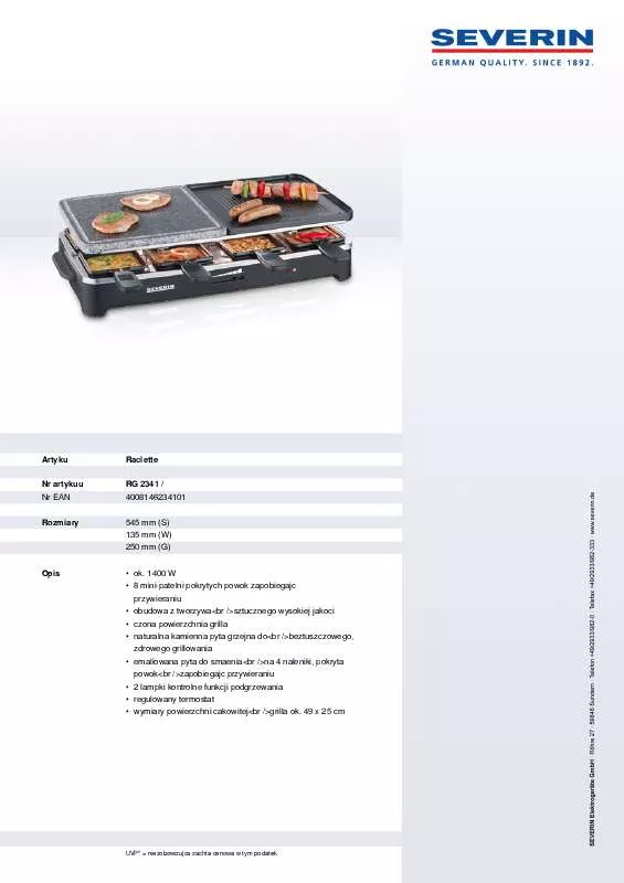 Mode d'emploi SEVERIN RACLETTE-PARTYGRILL MIT NATURGRILLSTEIN RG 2341
