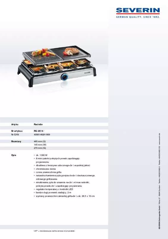 Mode d'emploi SEVERIN RACLETTE-PARTYGRILL MIT NATURGRILLSTEIN RG 2619