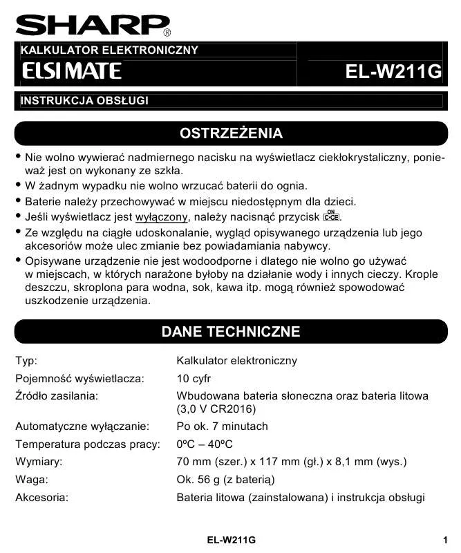 Mode d'emploi SHARP EL-W211G