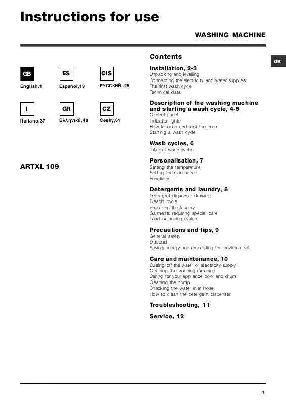 Mode d'emploi HOTPOINT ARTXL 109