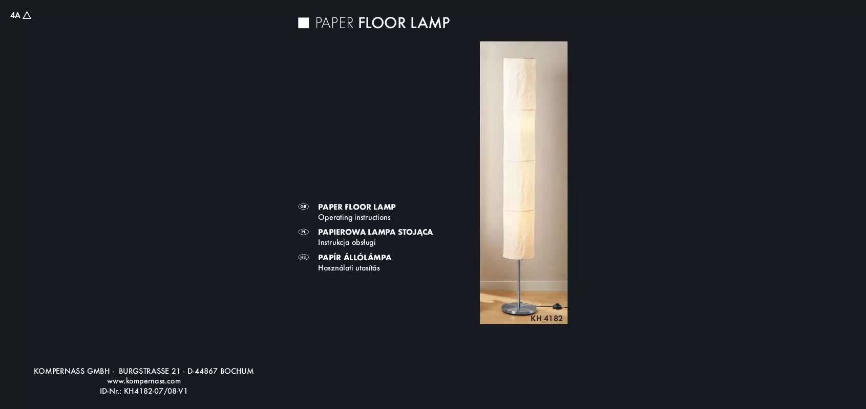 Mode d'emploi KOMPERNASS KH 4182 PAPER FLOOR LAMP