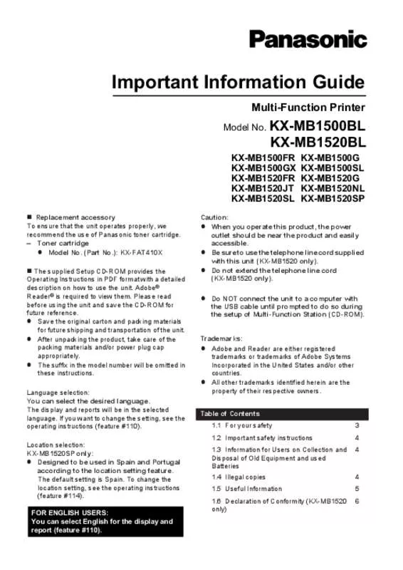 Mode d'emploi PANASONIC KXMB1520SL