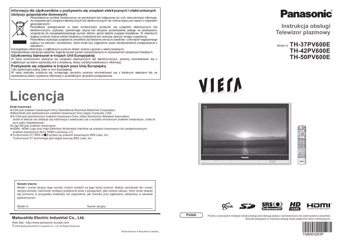 Mode d'emploi PANASONIC TH37PV600E