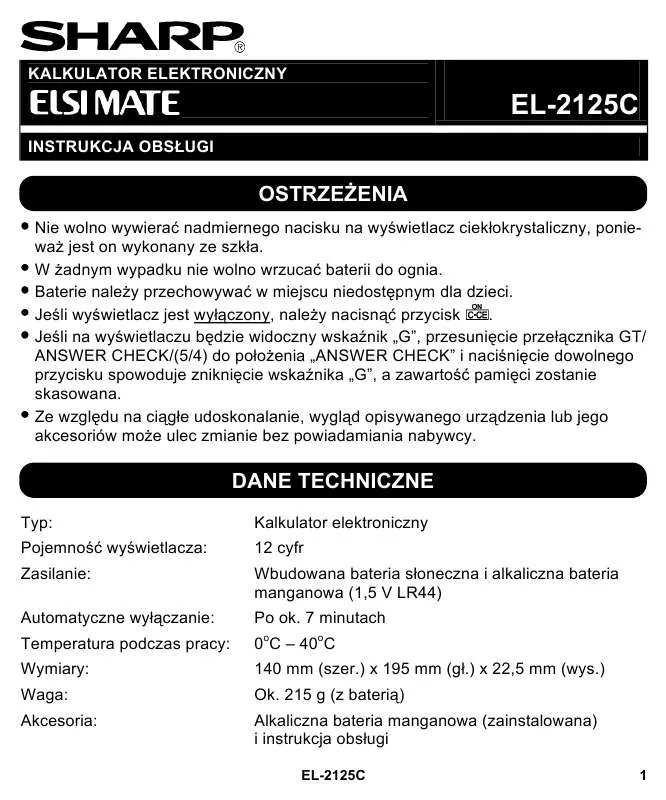 Mode d'emploi SHARP EL-2125C