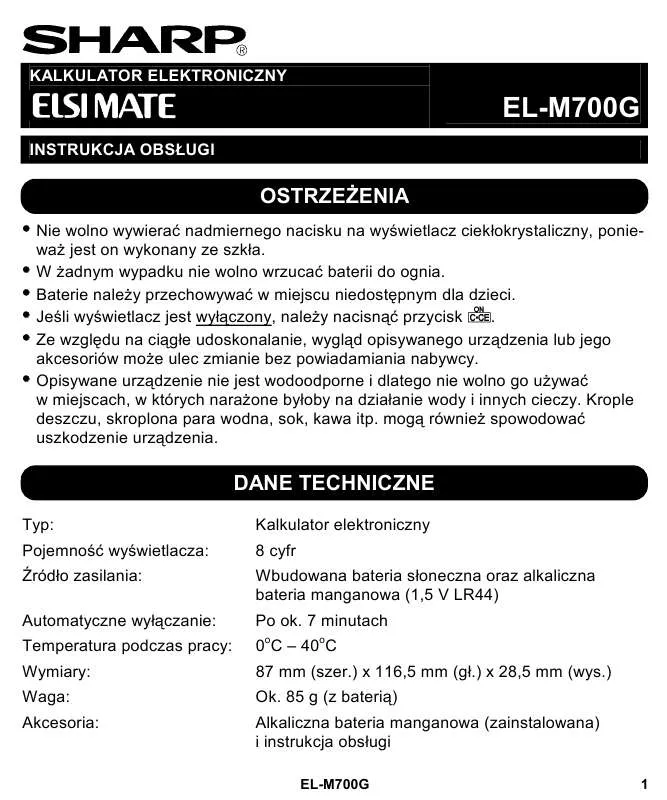 Mode d'emploi SHARP EL-M700G