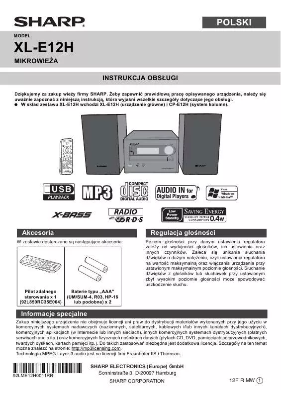 Mode d'emploi SHARP XL-E12H