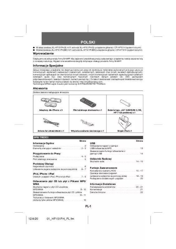 Mode d'emploi SHARP XL-HF151PH