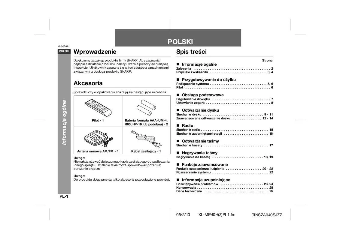 Mode d'emploi SHARP XL-MP40H